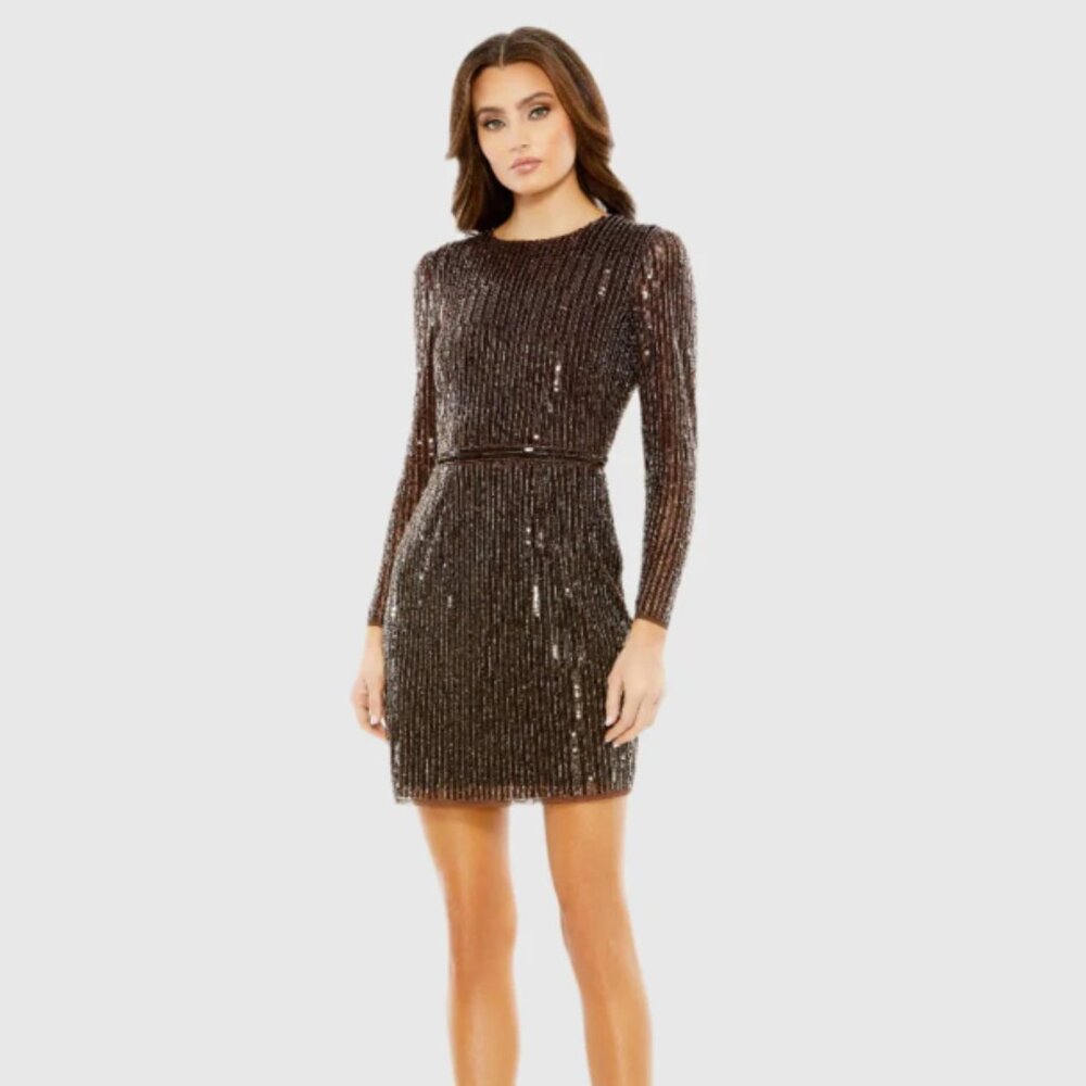 NWOT - Size 4 - Mac Duggal - Brown Long Sleeve Sequin Mini Dress